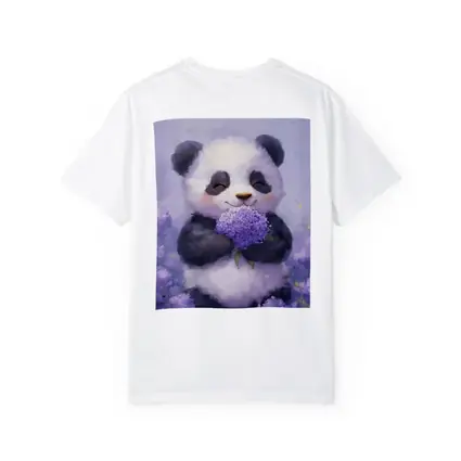 Cute Panda Holding Purple Hydrangea Flowers