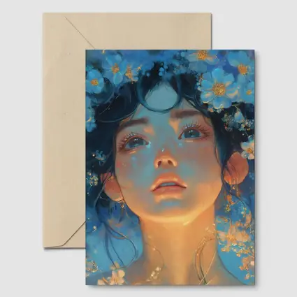 Anime Girl Blue Flowers Fantasy Portrait