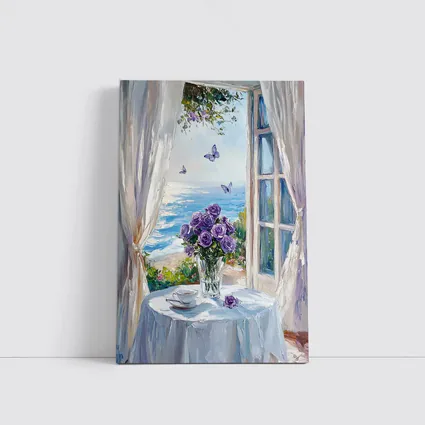 Purple Roses Ocean View Window Oil Painting