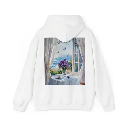 Purple Roses Ocean View Window Oil Painting