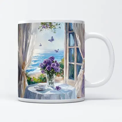 Purple Roses Ocean View Window Oil Painting