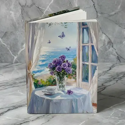 Purple Roses Ocean View Window Oil Painting