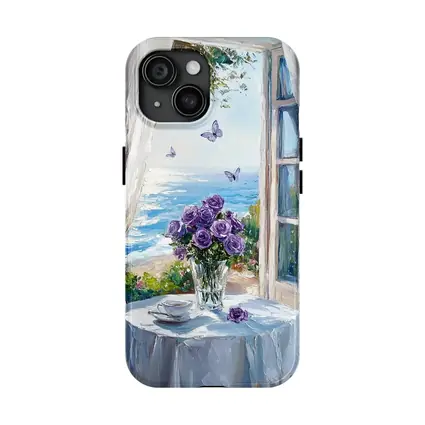 Purple Roses Ocean View Window Oil Painting