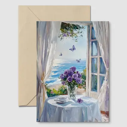 Purple Roses Ocean View Window Oil Painting