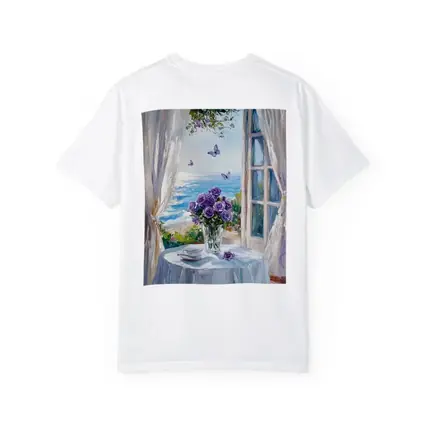 Purple Roses Ocean View Window Oil Painting