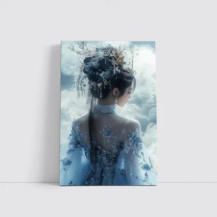 Chinese Fantasy Woman Blue Floral Dress Clouds