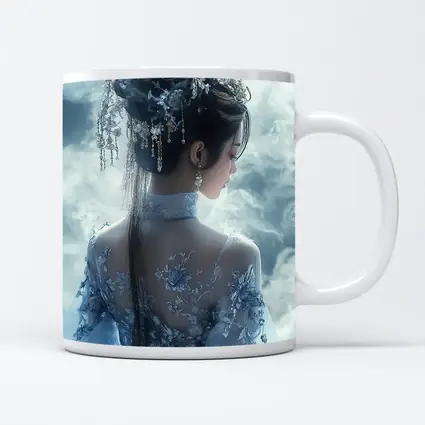 Chinese Fantasy Woman Blue Floral Dress Clouds