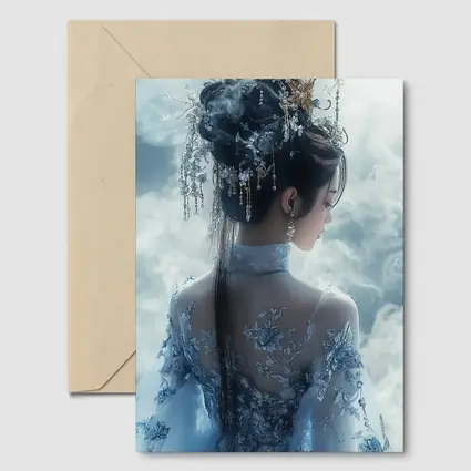 Chinese Fantasy Woman Blue Floral Dress Clouds