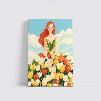Red Hair Woman Surrounded By Colorful Tulips