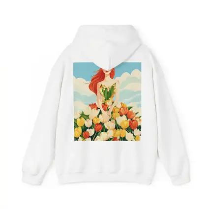 Red Hair Woman Surrounded By Colorful Tulips