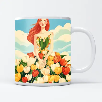 Red Hair Woman Surrounded By Colorful Tulips