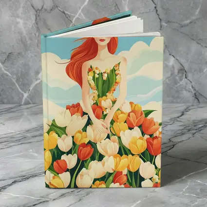 Red Hair Woman Surrounded By Colorful Tulips
