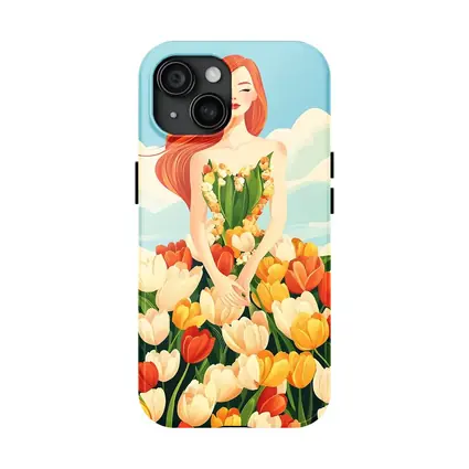 Red Hair Woman Surrounded By Colorful Tulips