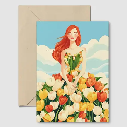 Red Hair Woman Surrounded By Colorful Tulips