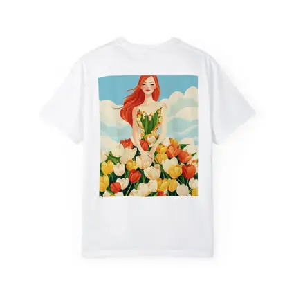 Red Hair Woman Surrounded By Colorful Tulips