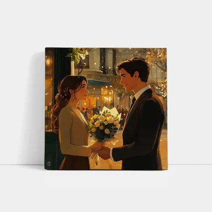 Romantic Couple Exchanging Flowers City Night