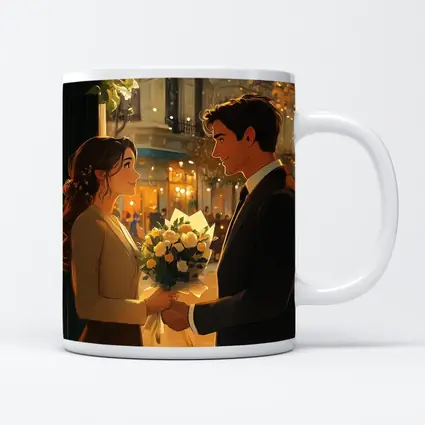 Romantic Couple Exchanging Flowers City Night