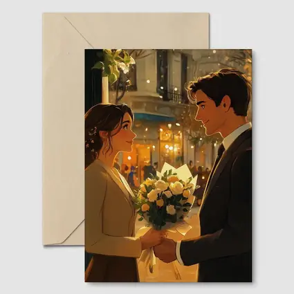 Romantic Couple Exchanging Flowers City Night
