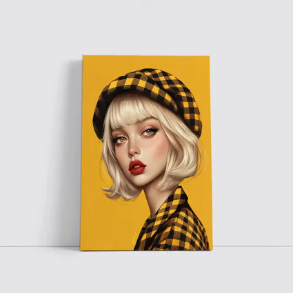 Blonde Girl Yellow Plaid Beret Digital Art