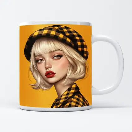 Blonde Girl Yellow Plaid Beret Digital Art
