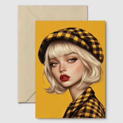 Blonde Girl Yellow Plaid Beret Digital Art