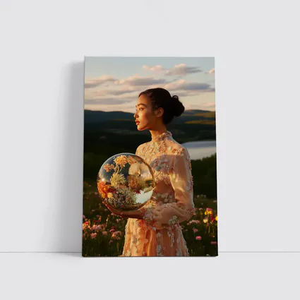 Woman Holding Flower Globe in Field