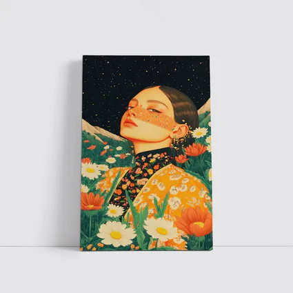Woman In Flowers Starry Night Illustration