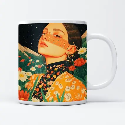 Woman In Flowers Starry Night Illustration