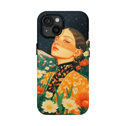 Woman In Flowers Starry Night Illustration