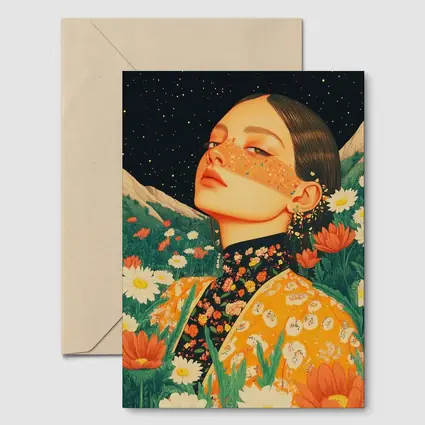 Woman In Flowers Starry Night Illustration