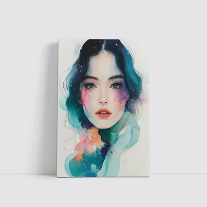 Watercolor Girl Portrait Blue Teal Galaxy