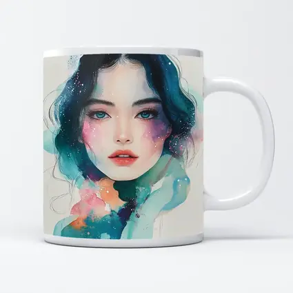 Watercolor Girl Portrait Blue Teal Galaxy