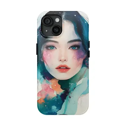 Watercolor Girl Portrait Blue Teal Galaxy