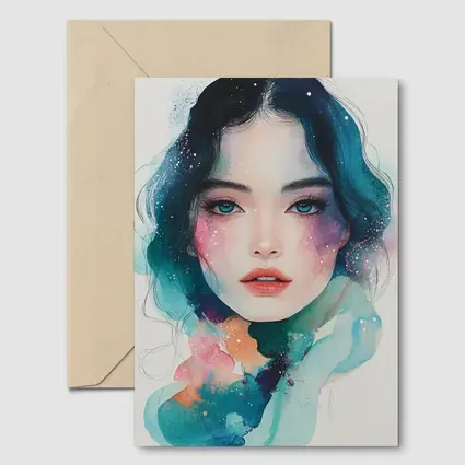 Watercolor Girl Portrait Blue Teal Galaxy