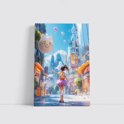Anime Girl Skateboarding Futuristic Neon City