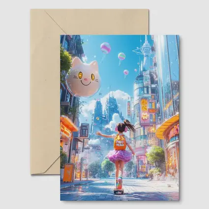 Anime Girl Skateboarding Futuristic Neon City