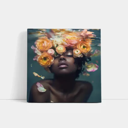 Black Woman Underwater Surrounded by Ranunculus Flowers