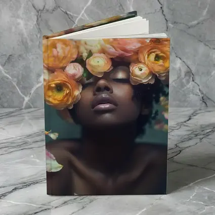 Black Woman Underwater Surrounded by Ranunculus Flowers