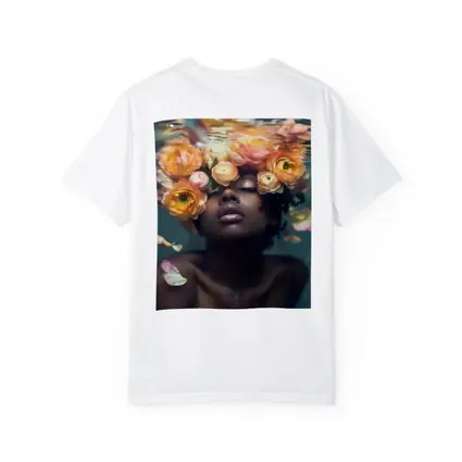 Black Woman Underwater Surrounded by Ranunculus Flowers