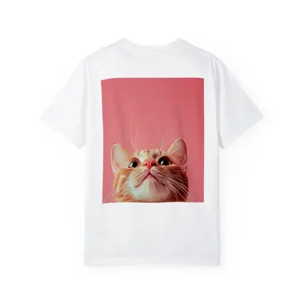 Ginger Tabby Cat Looking Up Pink Background