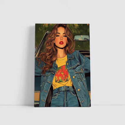 Comic Style Girl Denim Outfit Car Background