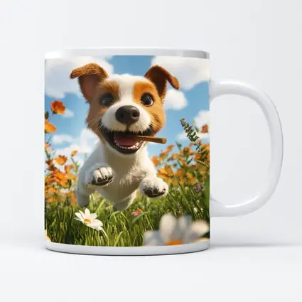 Cartoon Jack Russell Puppy Running Flower Field