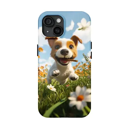 Cartoon Jack Russell Puppy Running Flower Field