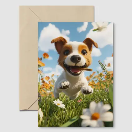 Cartoon Jack Russell Puppy Running Flower Field