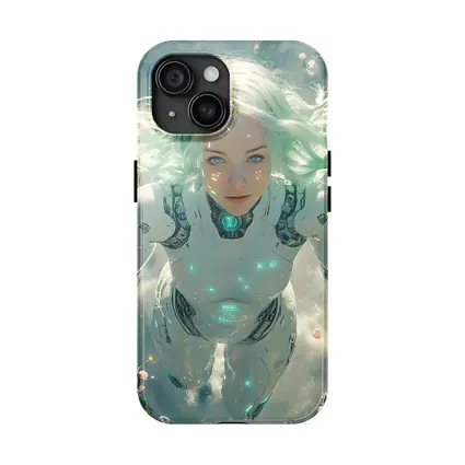 Cyberpunk Android Woman Floating Above Flowers