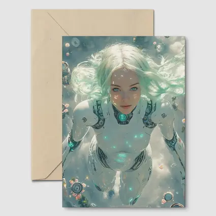 Cyberpunk Android Woman Floating Above Flowers