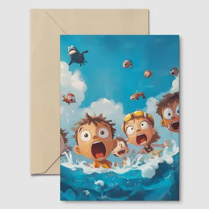 Cartoon Kids Shocked in Ocean Waves