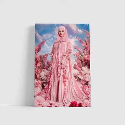 Pink Hijab Fashion Portrait Floral Background