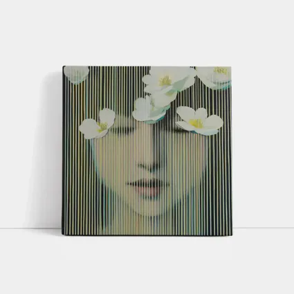 Woman Face White Flowers Striped Abstract Art