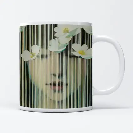 Woman Face White Flowers Striped Abstract Art